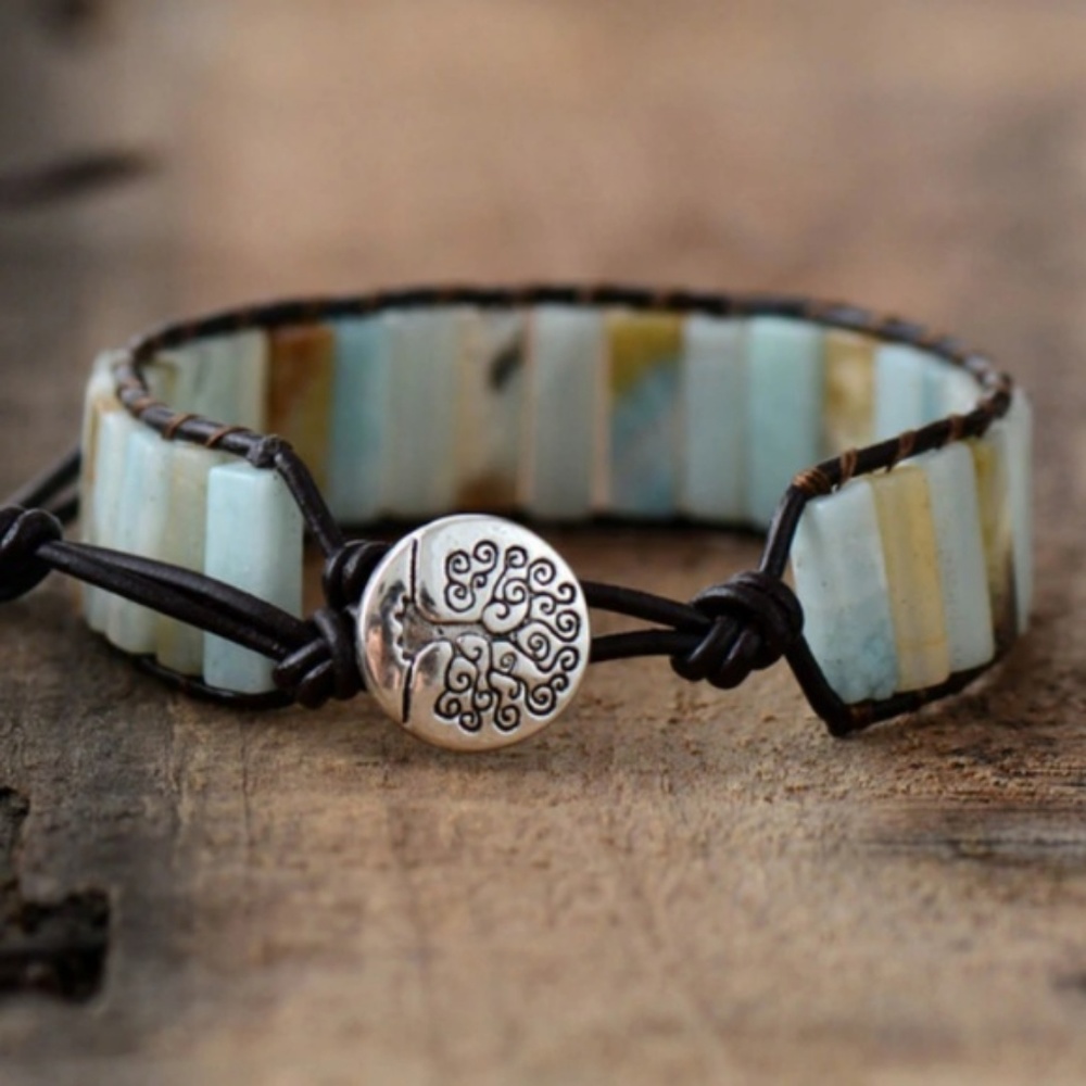 bracelet amazonite leather alloy silver tree clasp